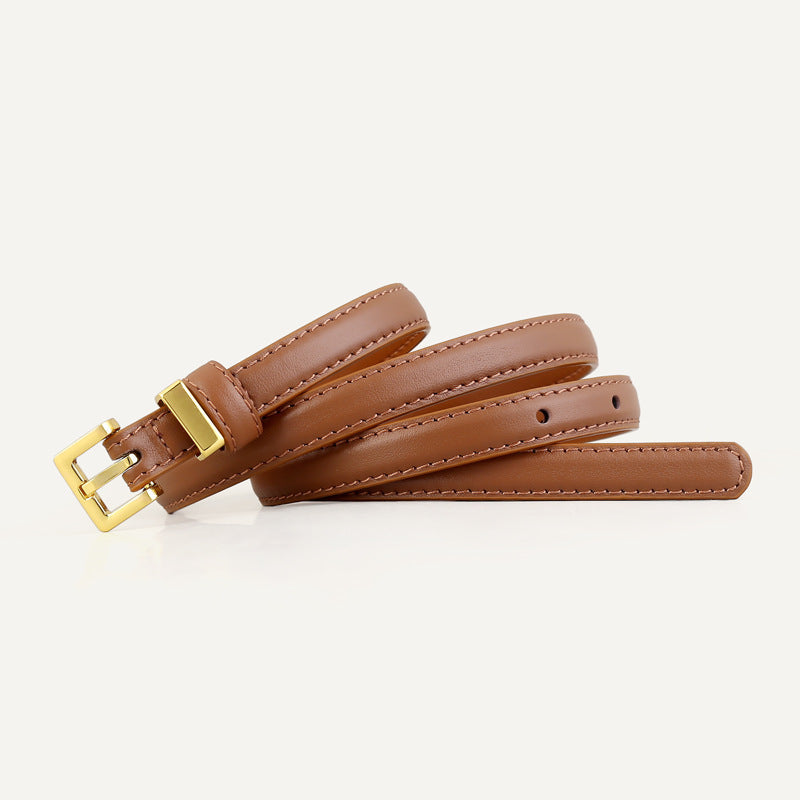 Skinny Leather Belt with Golden Buckle