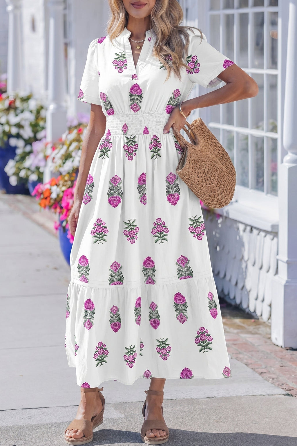 White Floral Print Split Neck Shirred High Waist Ruffle Hem Maxi Dress