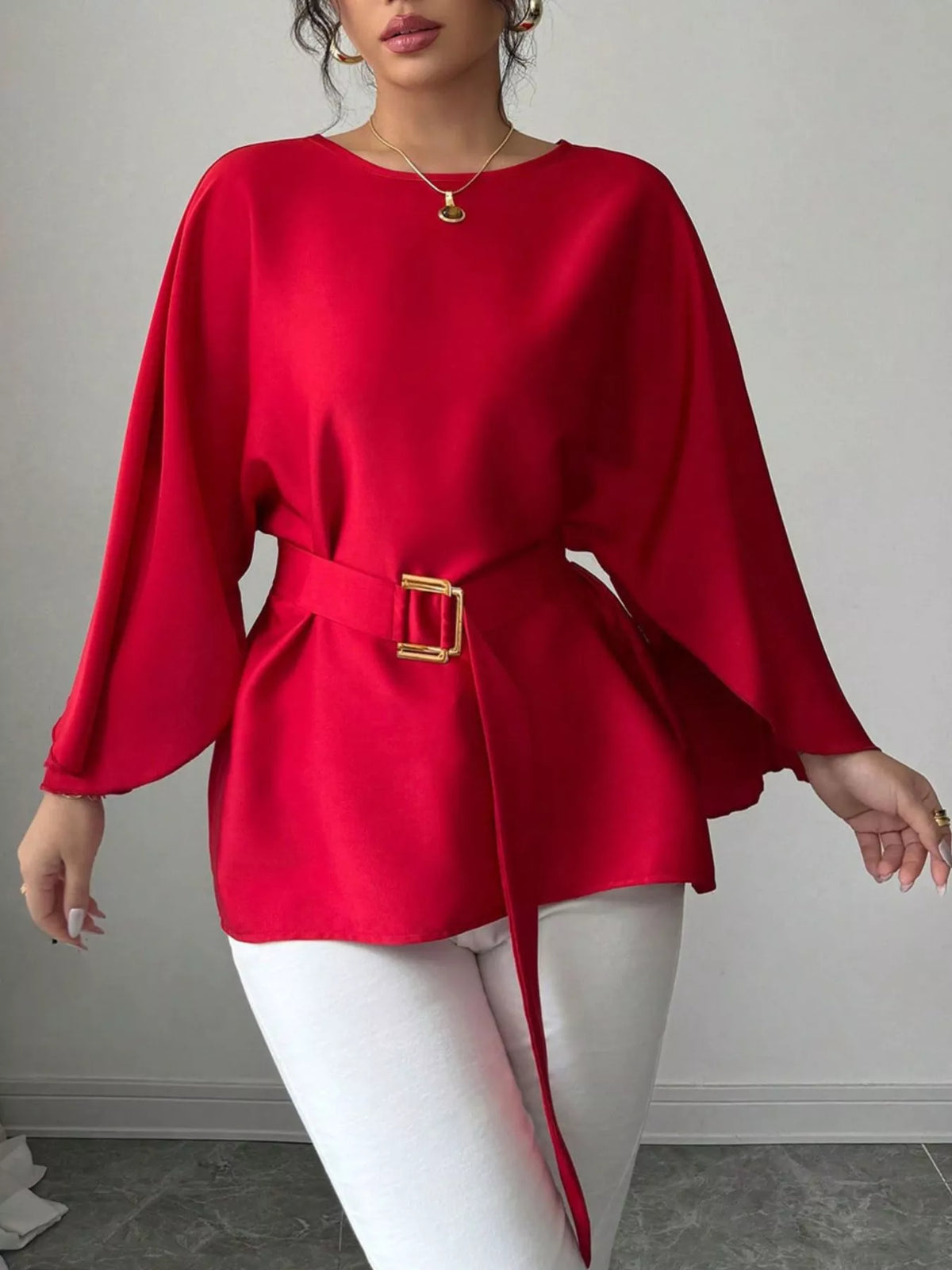 Round Neck Belt Batwing Sleeve Blouse