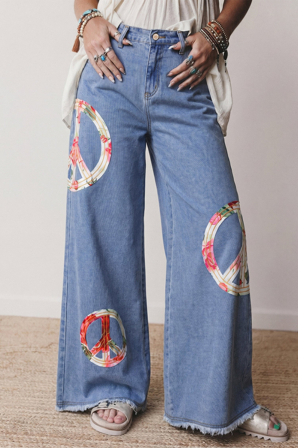 Myosotis Floral Peace Sign Embroidered Patch Wide Leg Jeans