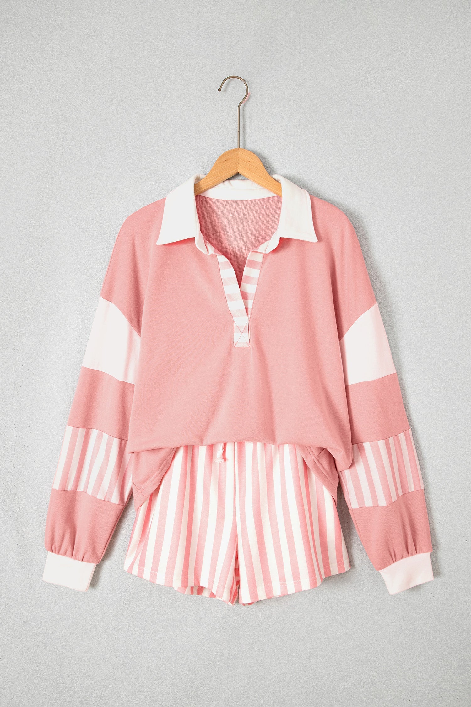 Gossamer Pink Striped Color Block Pullover Top Drawstring Shorts Set