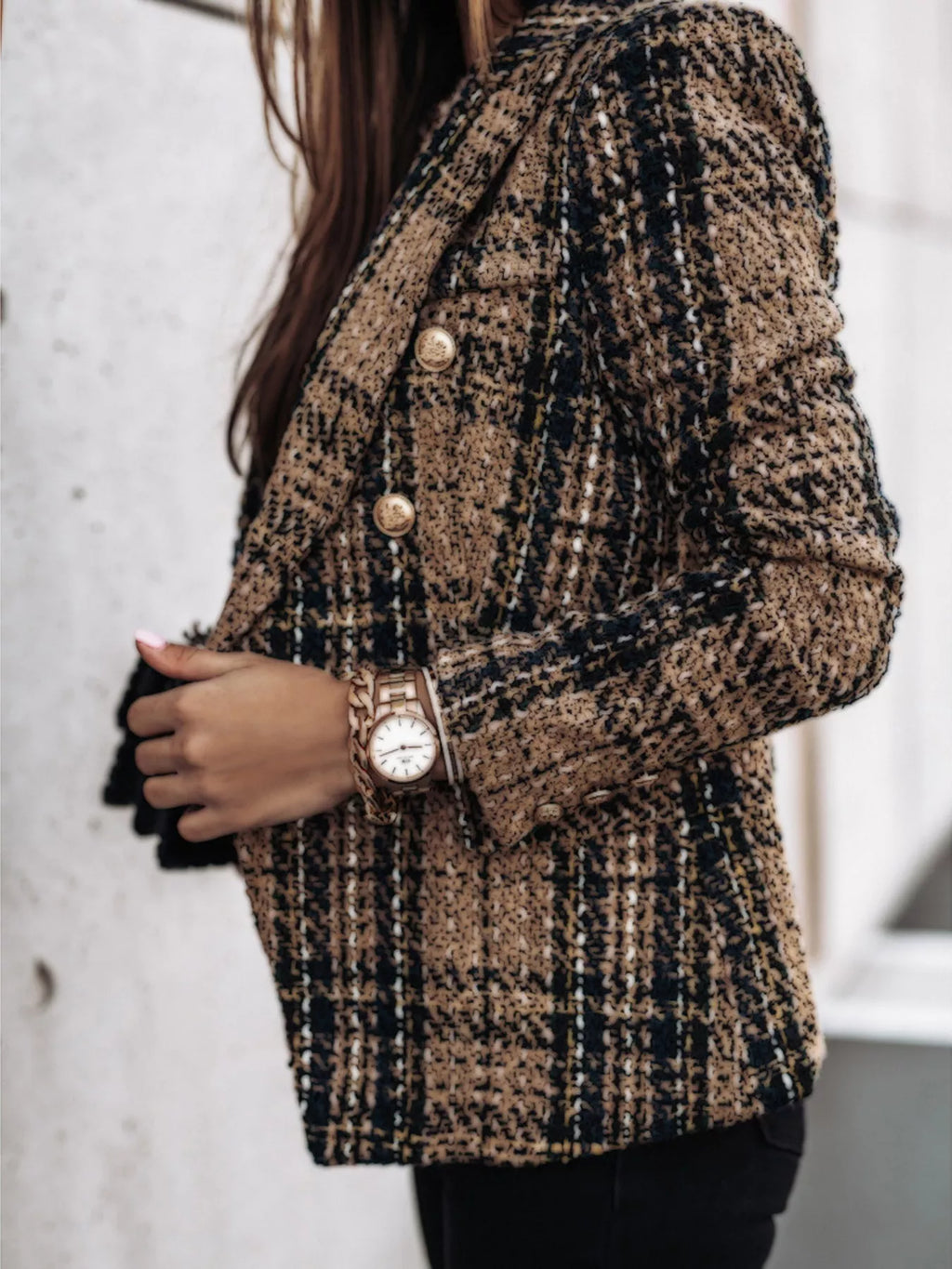 Full Size Plaid Tweed Double-Breasted Blazer Plus Size