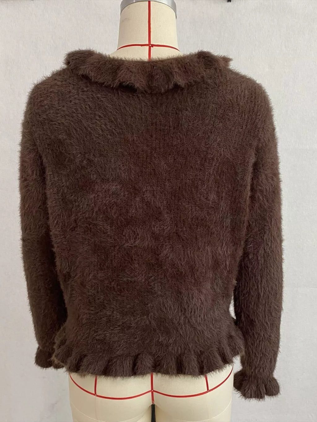 Soft Fuzzy Cardigan with Ruffled Collar and Pearl Buttons