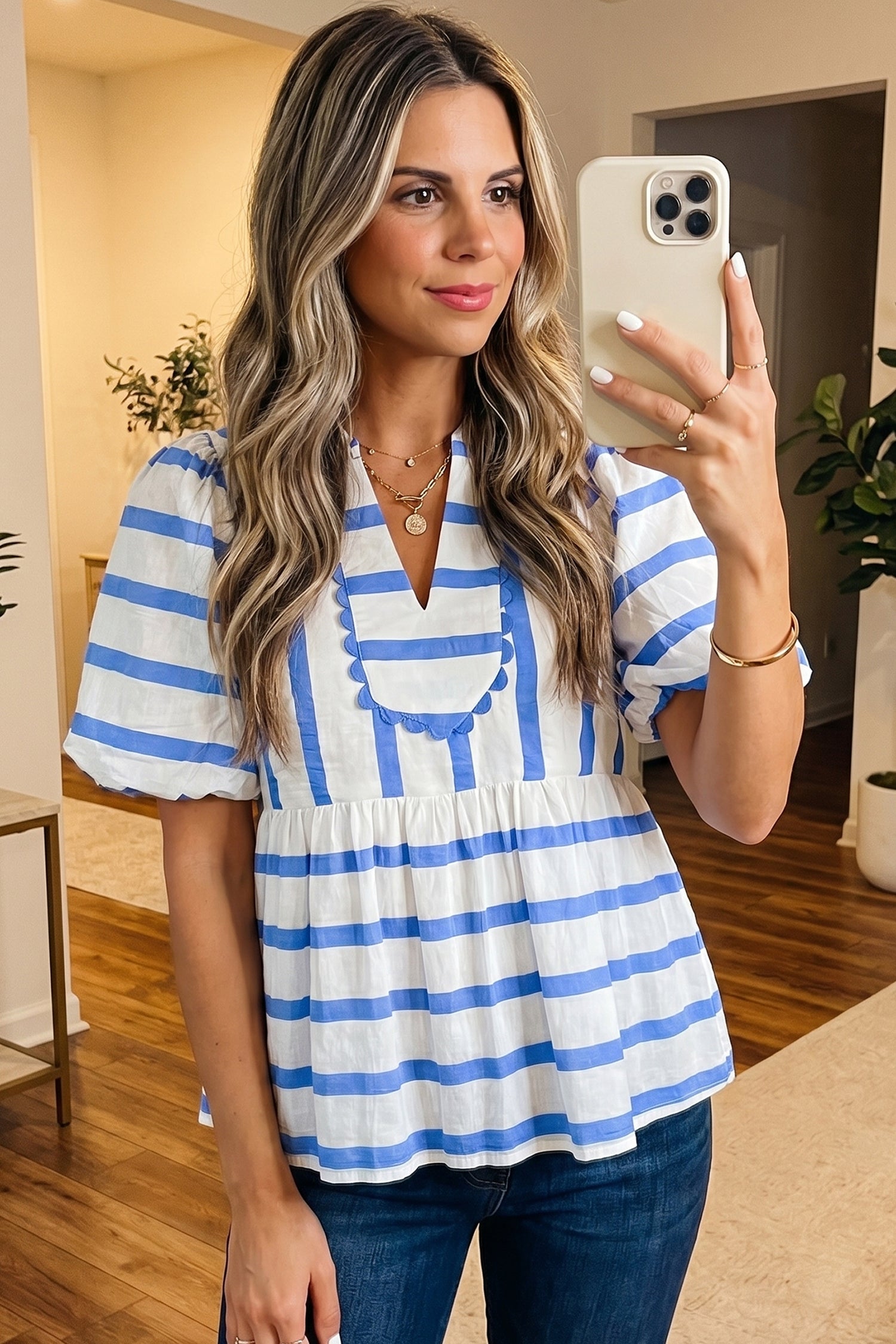 Sky Blue Stripe Split V Neck Puff Sleeve Summer Blouse