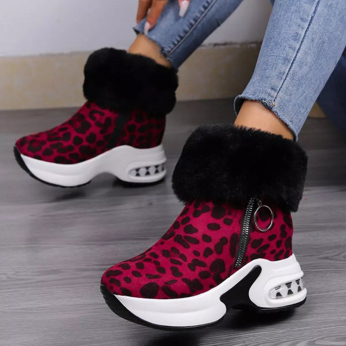 Fuzzy Side Zipper Platform Ankle Boots