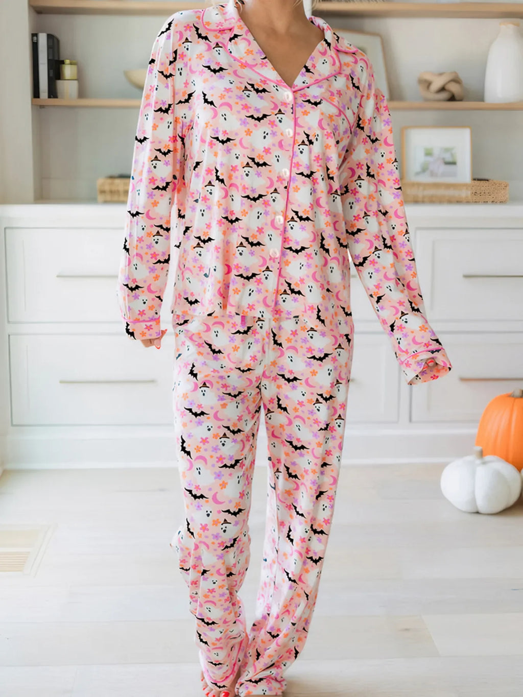 Halloween Ghost Print Button-Up Top and Pants Lounge Set