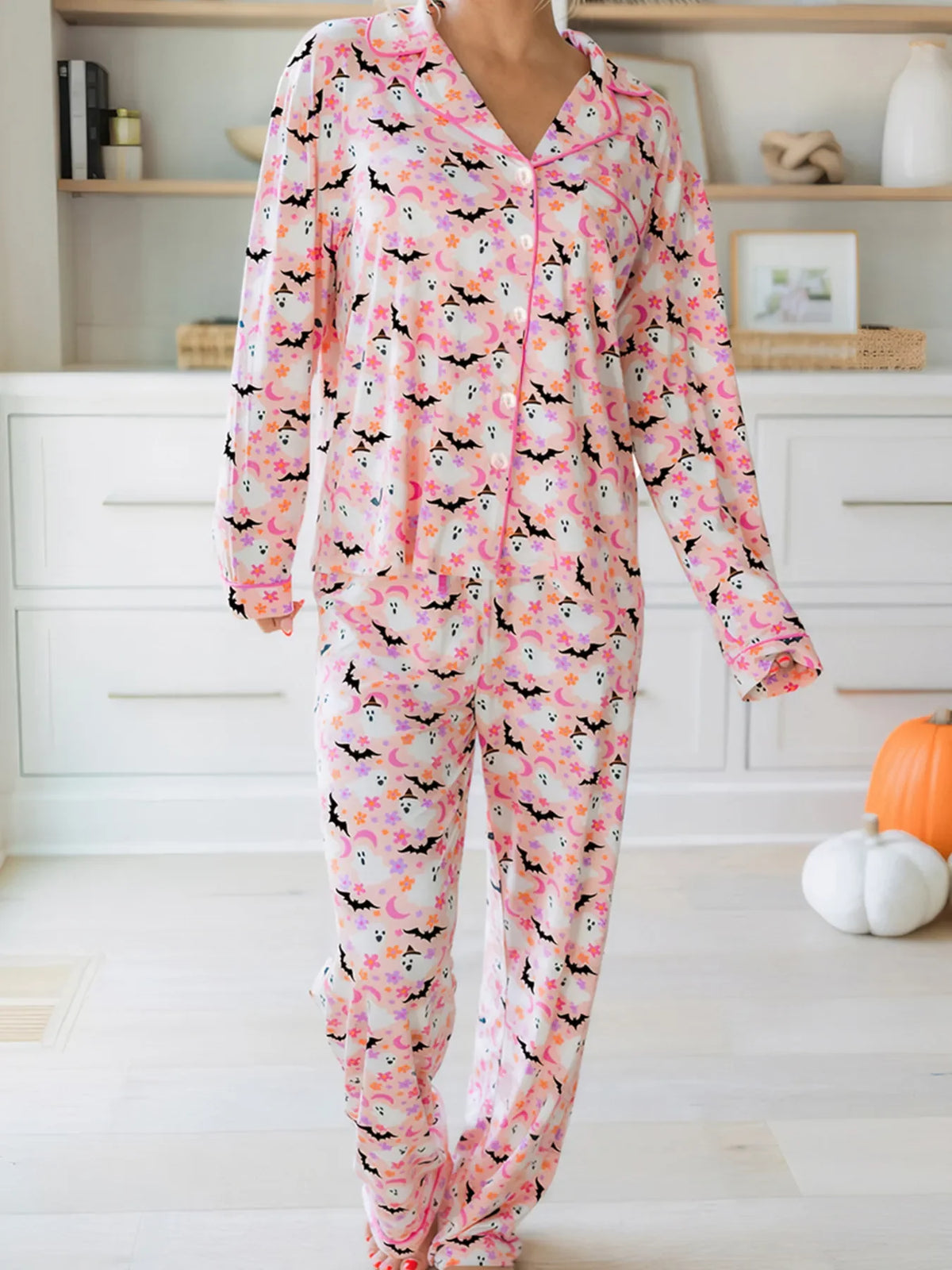 Halloween Ghost Print Button-Up Top and Pants Lounge Set