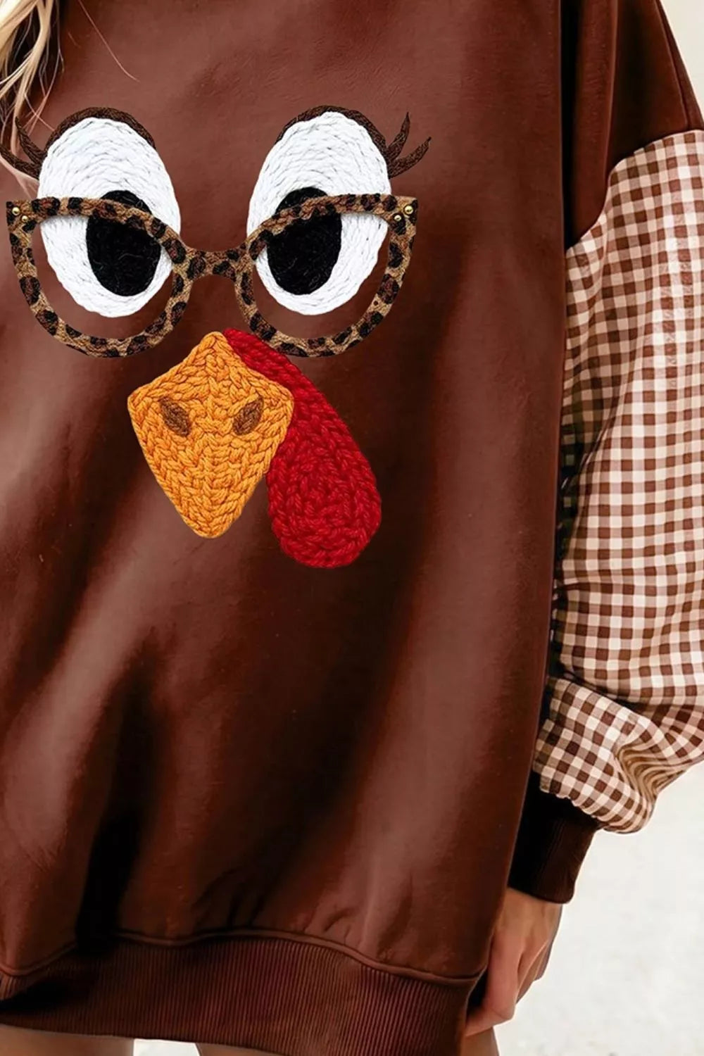 Thanksgiving Turkey Plaid Sleeve Pullover Sweatshirt