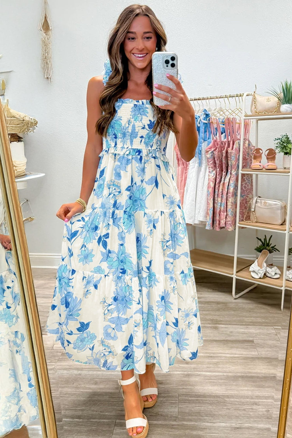 Sky Blue Ruffled Straps Smocked High Waist Floral Maxi Dress