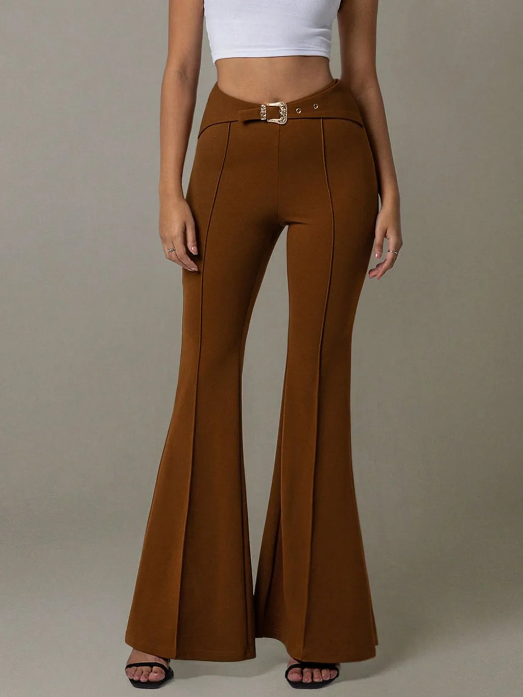 High Waist Flare Pants with Buckle Belt