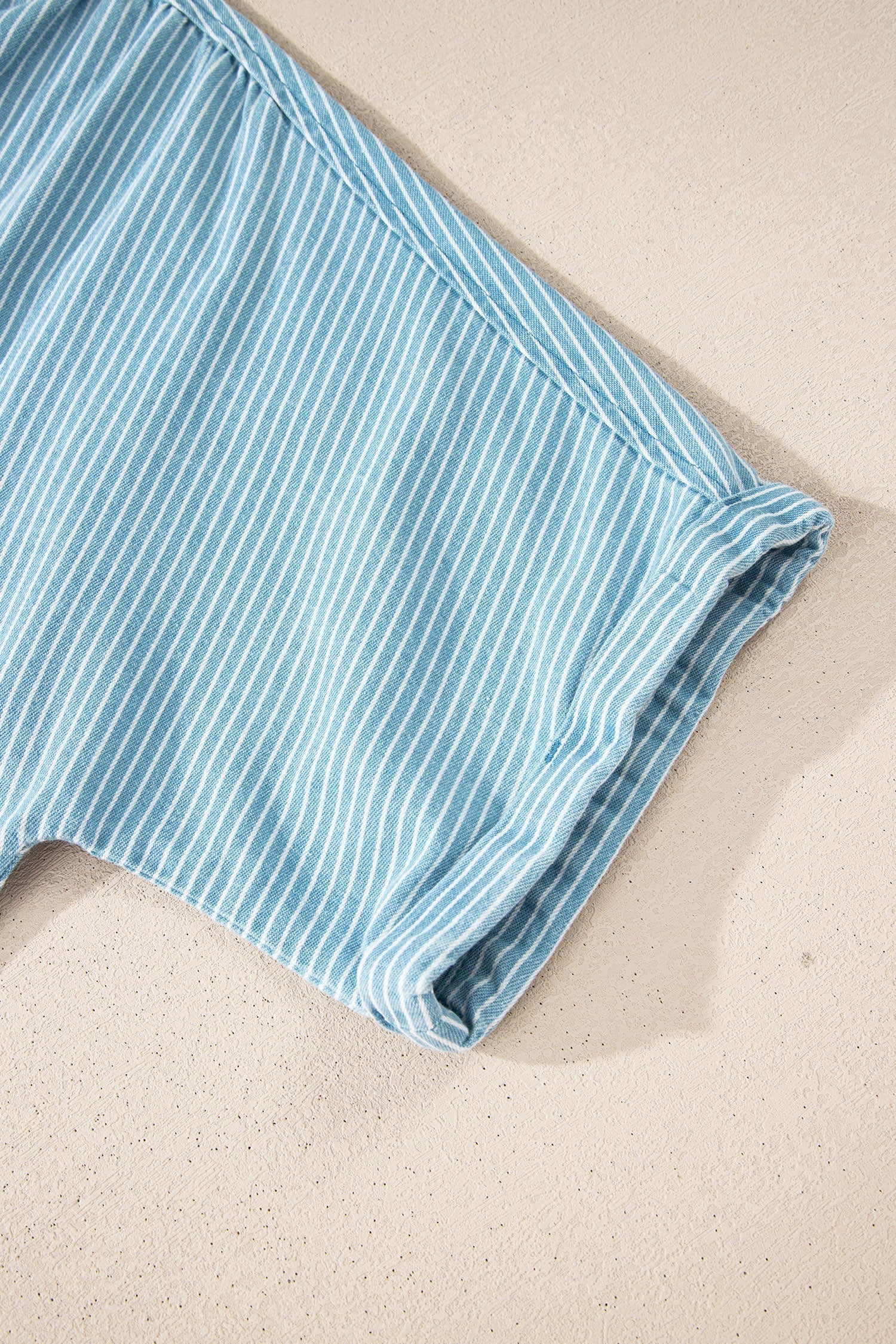 Sky Blue Stripe Cuffed Short Sleeve Button up Loose Shirt