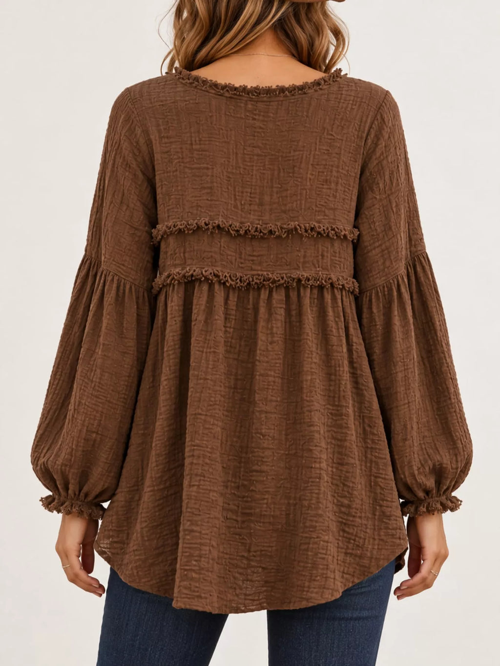 Full Size Boho Chic Textured Frayed Trim Peplum Blouse Plus Size