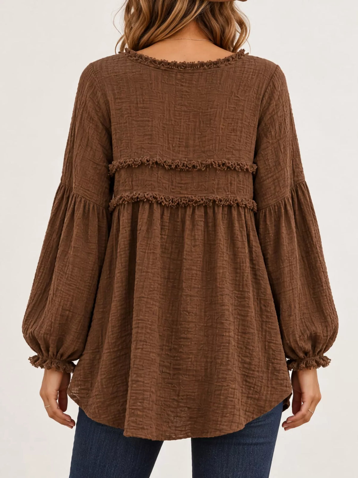Full Size Boho Chic Textured Frayed Trim Peplum Blouse Plus Size
