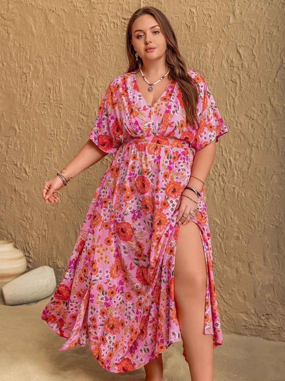 Slit Floral V-Neck Half Sleeve Maxi Dress