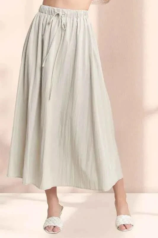 Khaki Drawstring Waist Crinkle Maxi Skirt