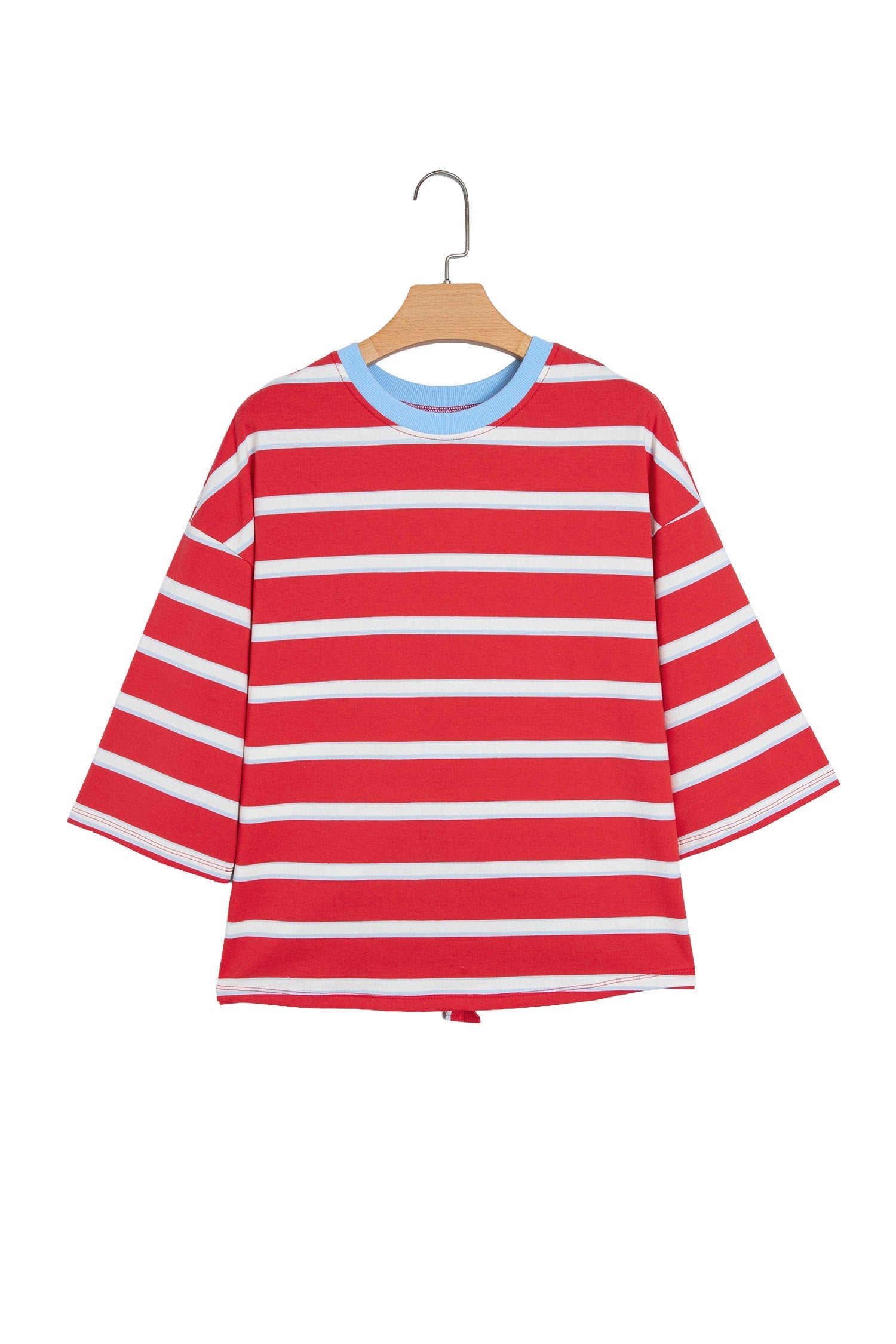 Racing Red Striped Bow Tie Hollowed Back 7/8 Sleeve Casual T-Shirt