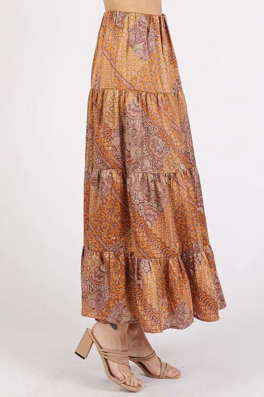 Paisley Patchwork Print Tiered Satin Maxi Skirt