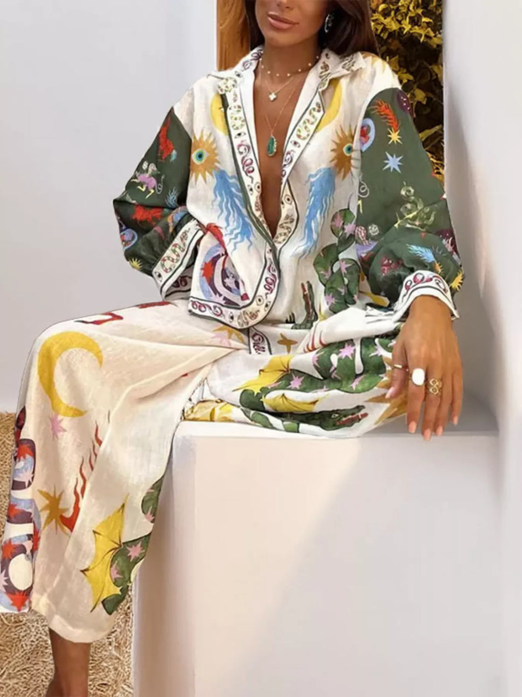 Full Size Printed Long Sleeve Shirt and Wide Leg Pants Set Plus Size