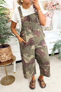 Green Camouflage Print Leopard Detail Loose Denim Overall Cropped Jumpsuit
