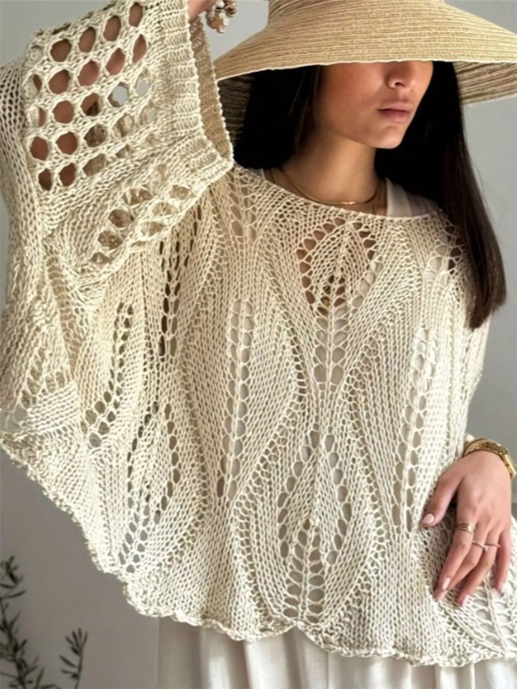 Boat Neck Crochet Knit Cover Up