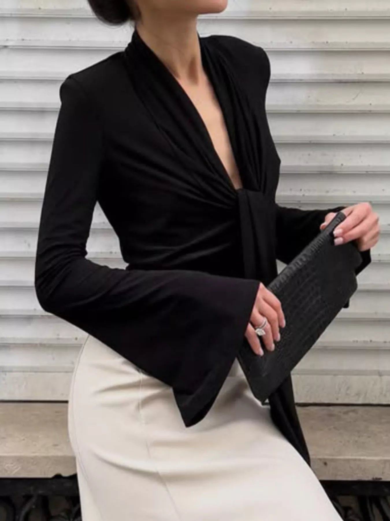 Front Tie Detail Flare Sleeve Blouse