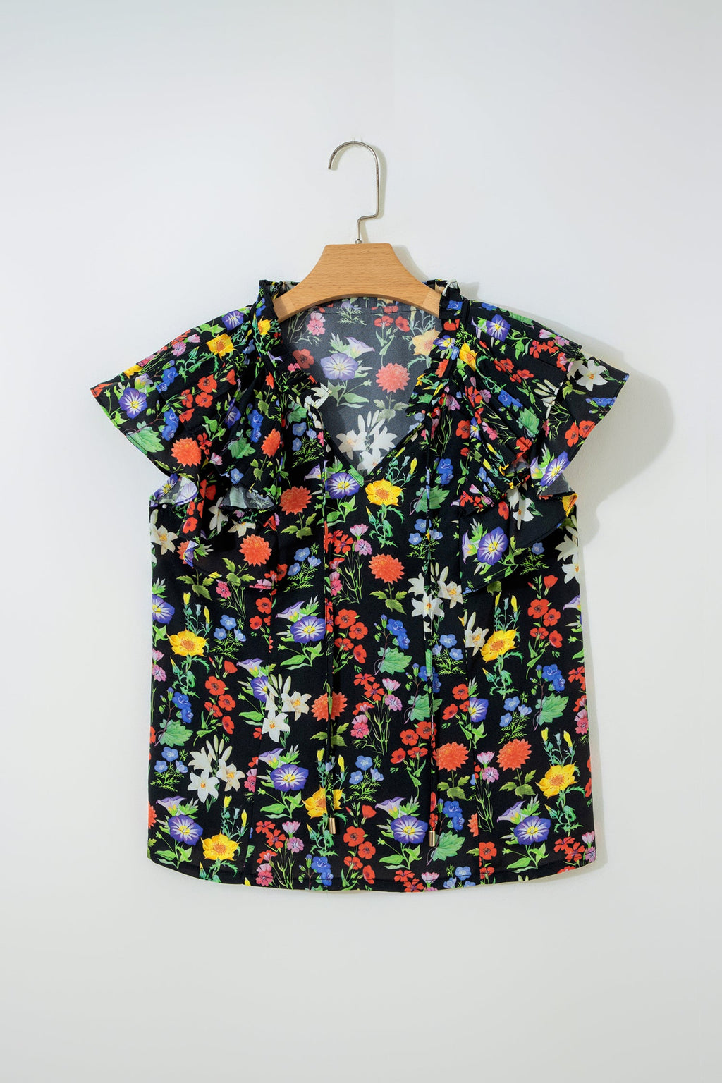 Flower Tiered Flutter Sleeve V-Neck Blouse