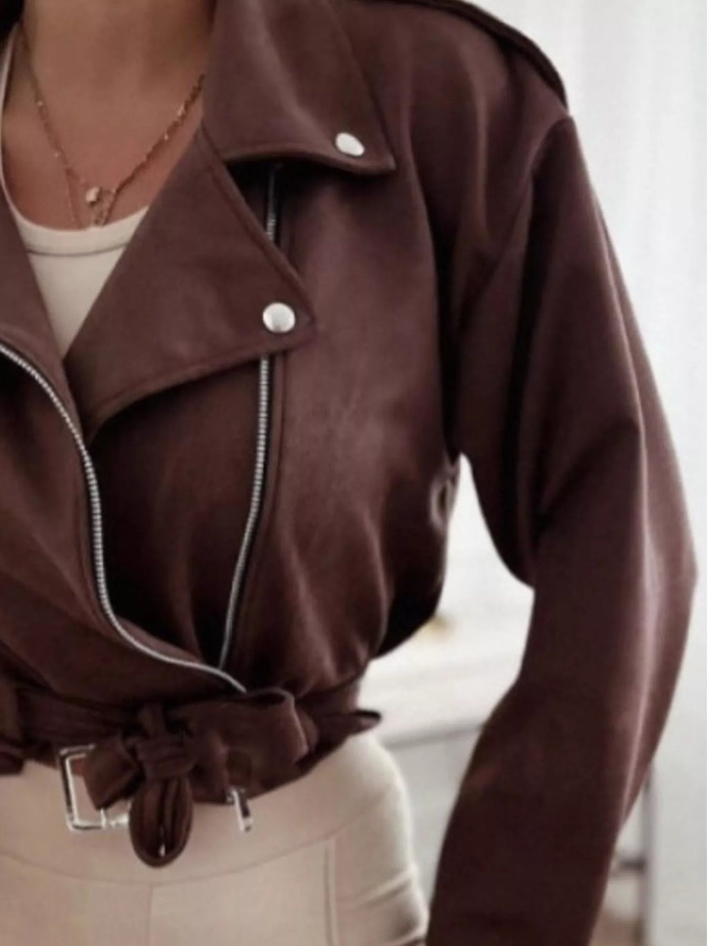 Cropped Biker Jacket with Belt Detail