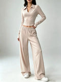 Long-Sleeve Polo Top and Wide-Leg Pants Set