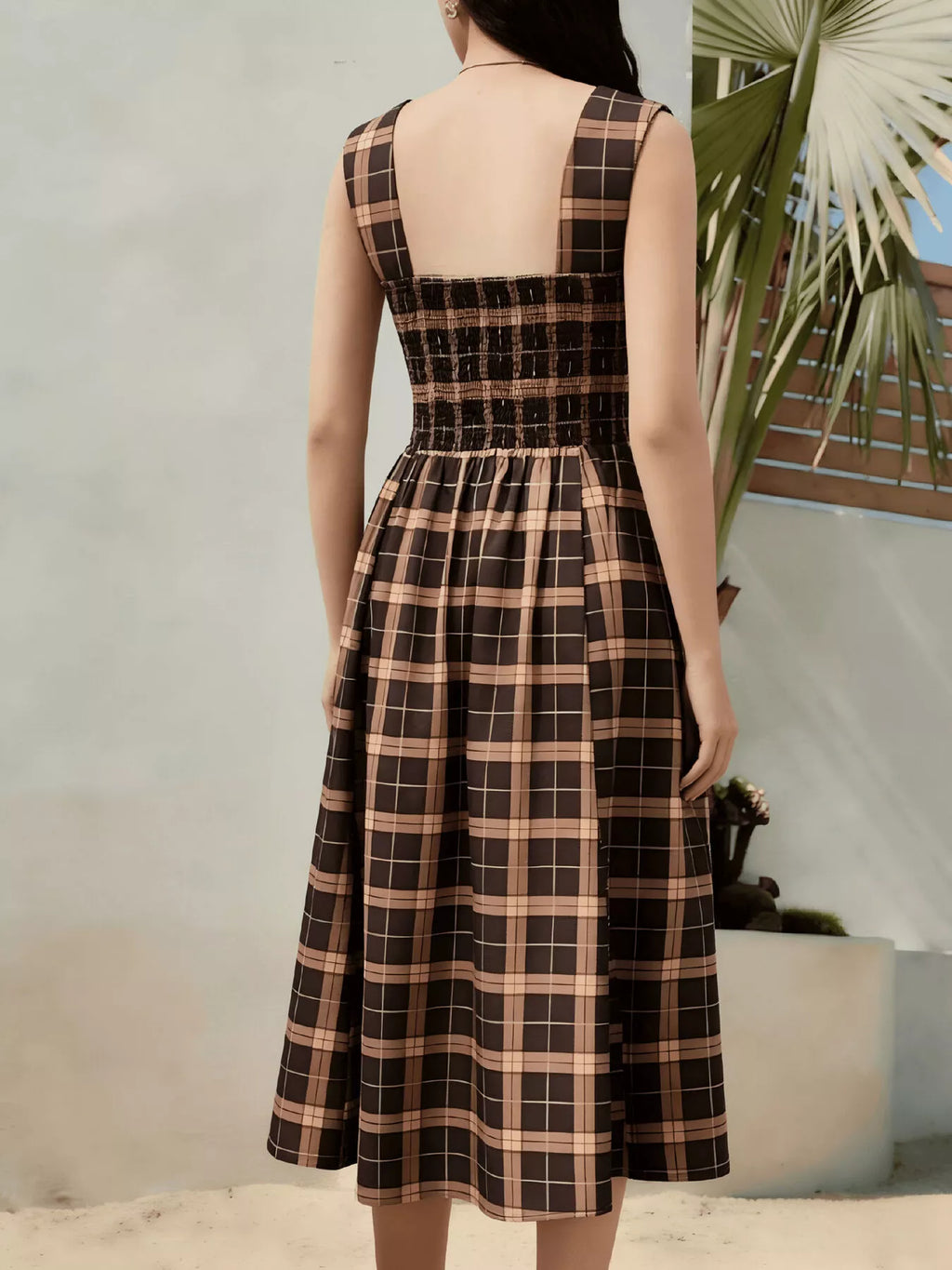 Square Neck Plaid Midi Dress