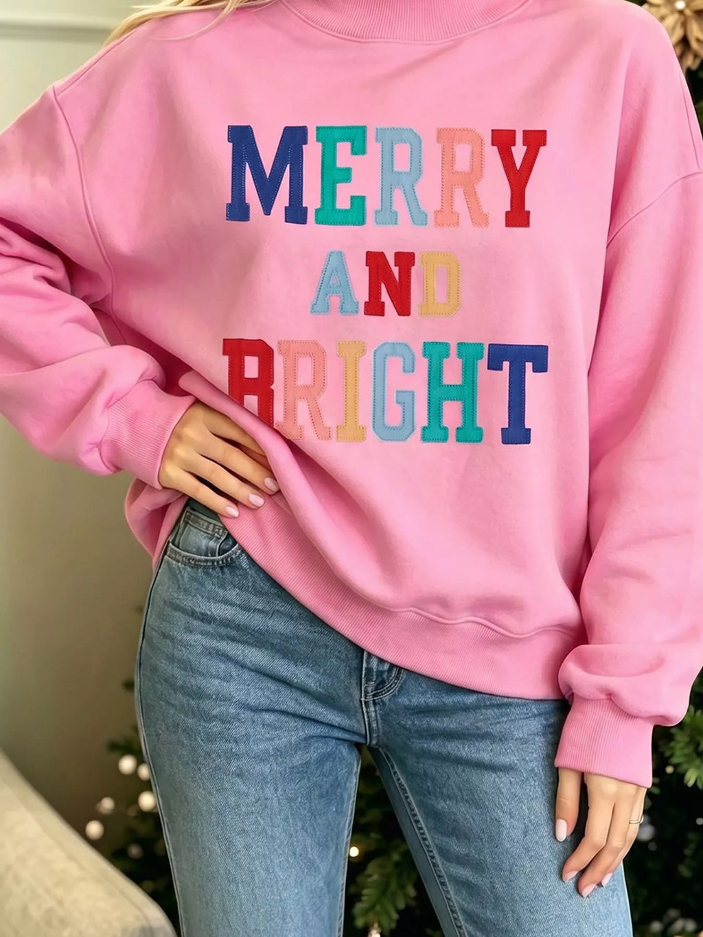 MERRY AND BRIGHT Stitched Letter Pattern Mock Neck Sweatshirt