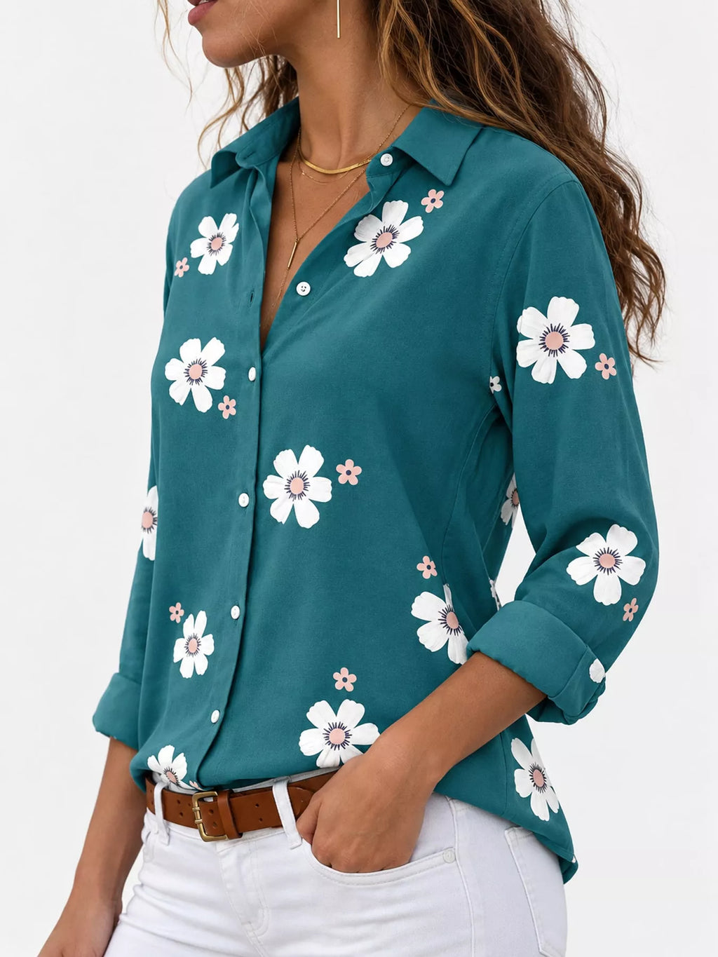 Full Size Floral Print Button-Down Casual Shirt Plus Size
