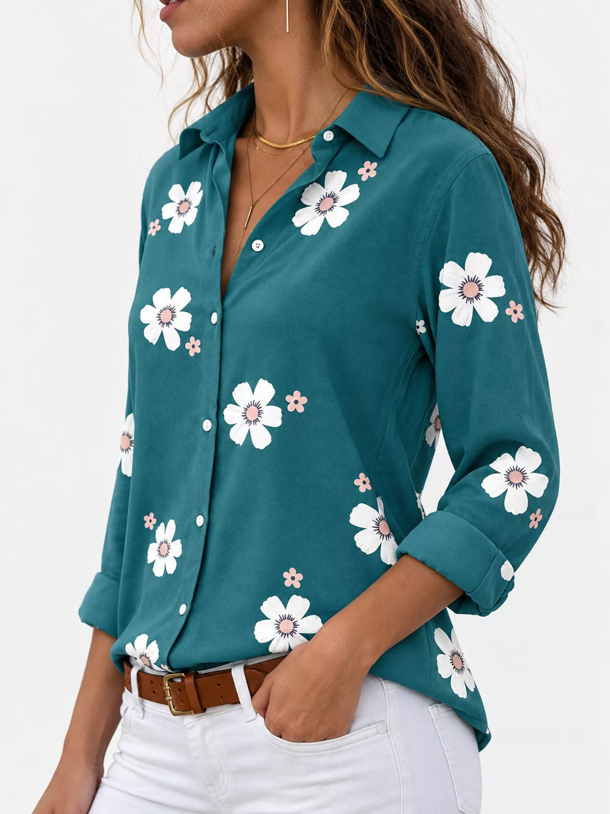 Full Size Floral Print Button-Down Casual Shirt Plus Size