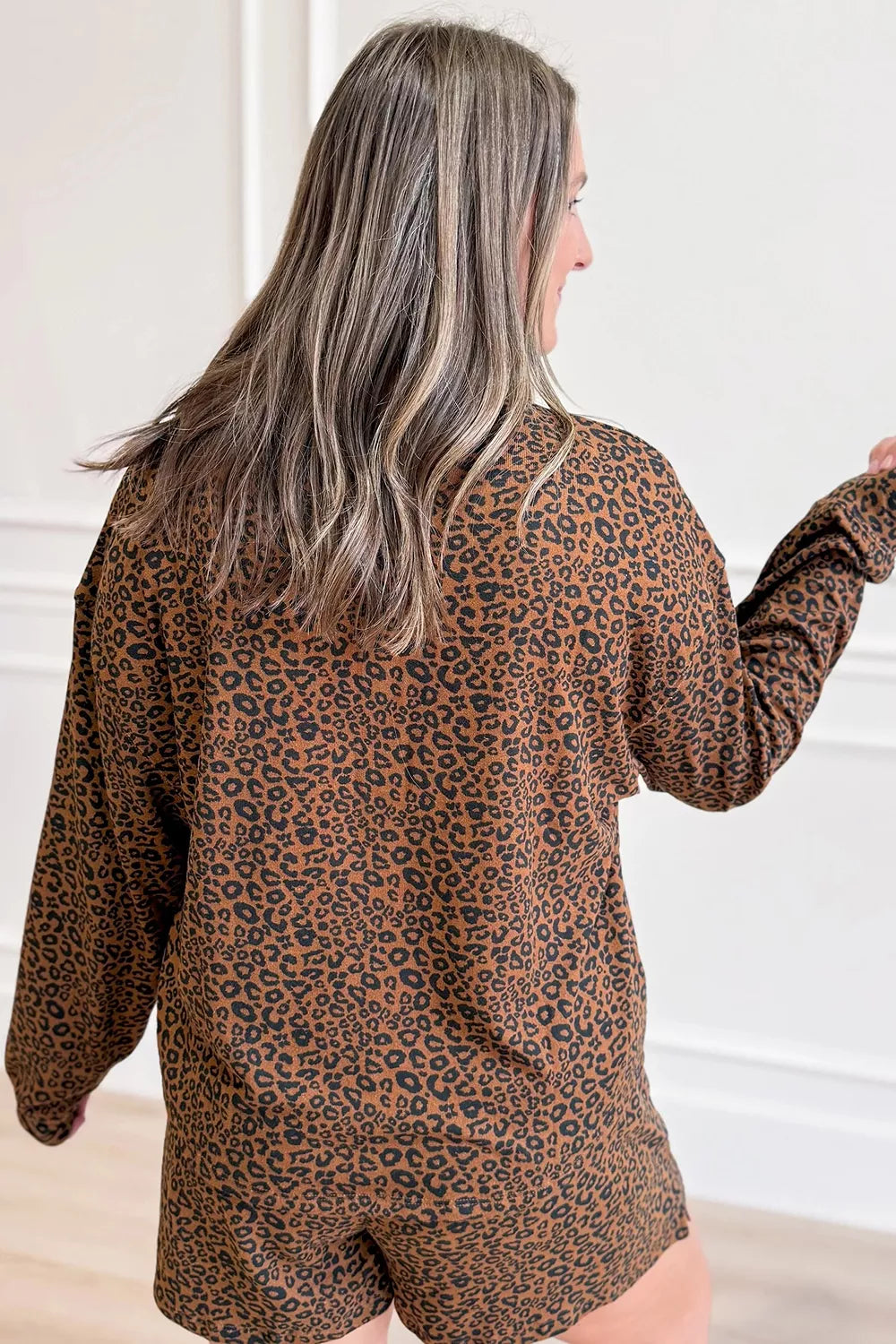 Leopard Print Long Sleeve Henley Top Elastic Waist Shorts 2pcs Outfit