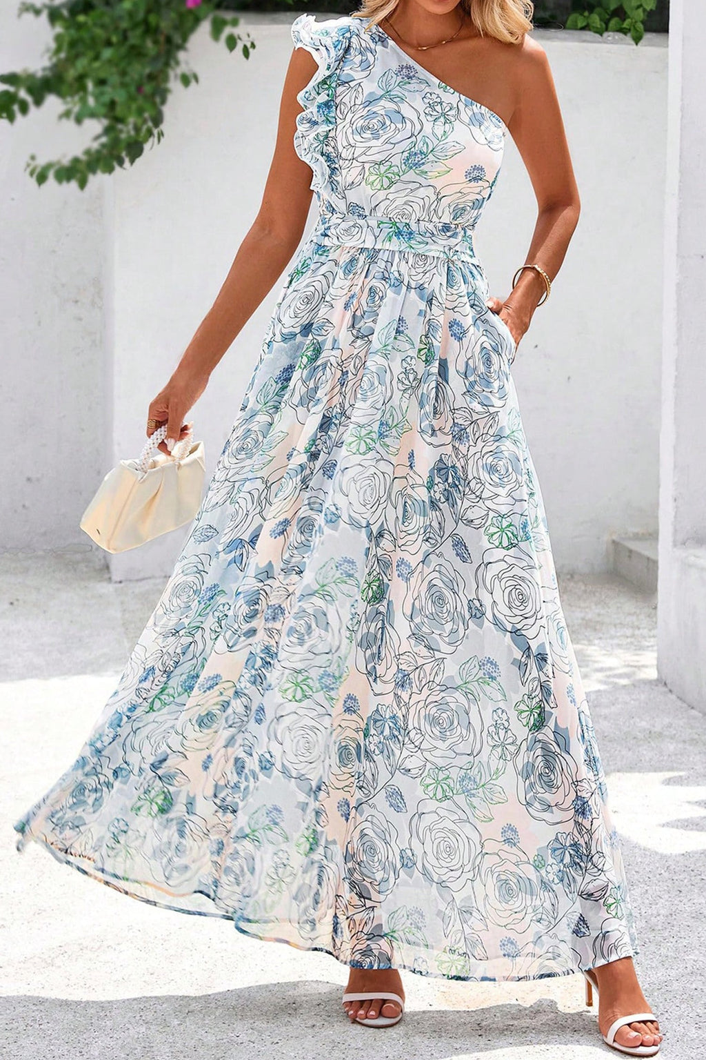 Sky Blue Floral Print Ruffled One Shoulder Vacation Maxi Dress