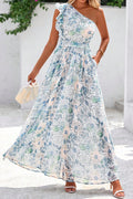 Sky Blue Floral Print Ruffled One Shoulder Vacation Maxi Dress