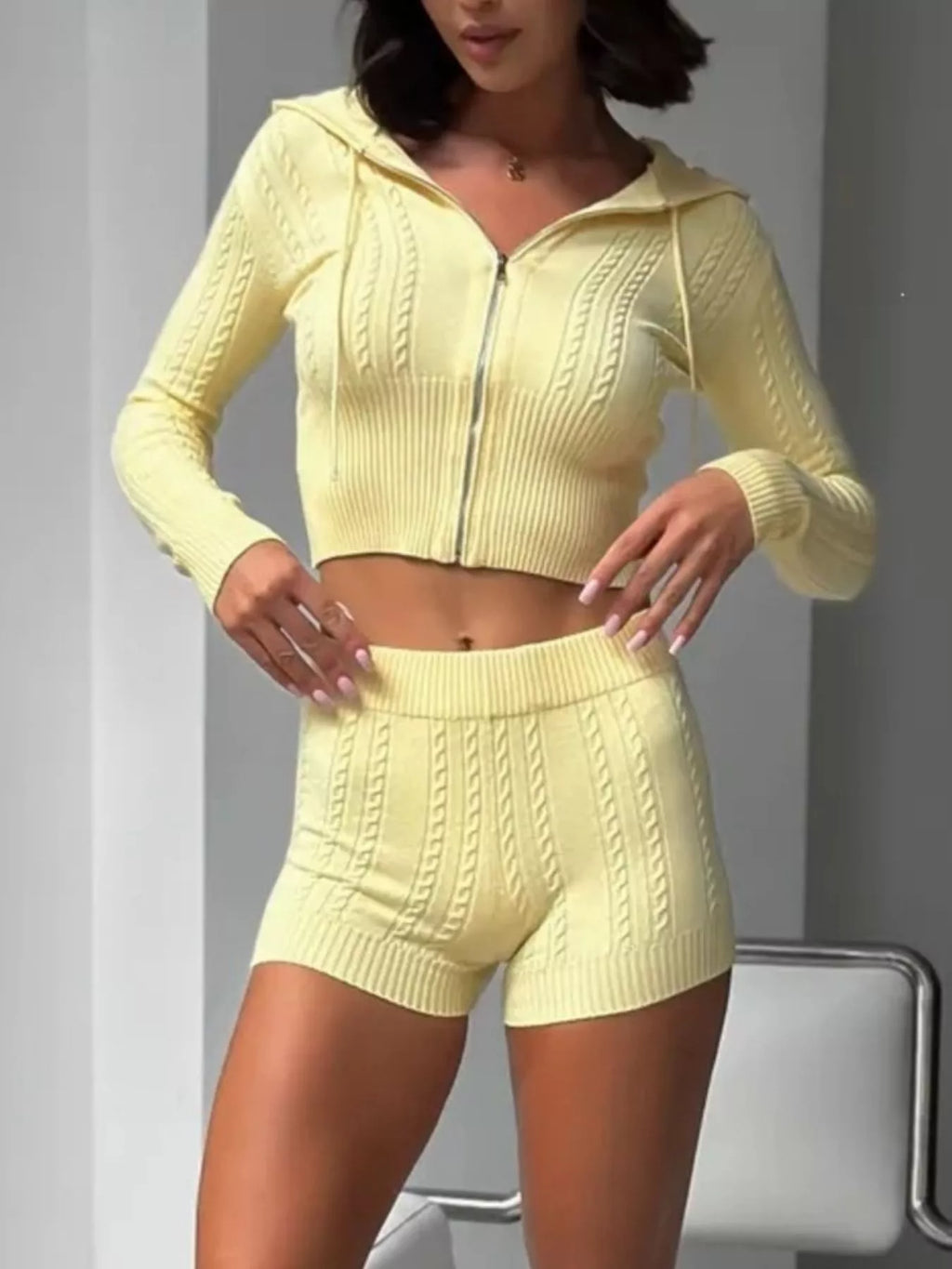 Cable Knit Zip-Up Hooded Top and Shorts Lounge Set