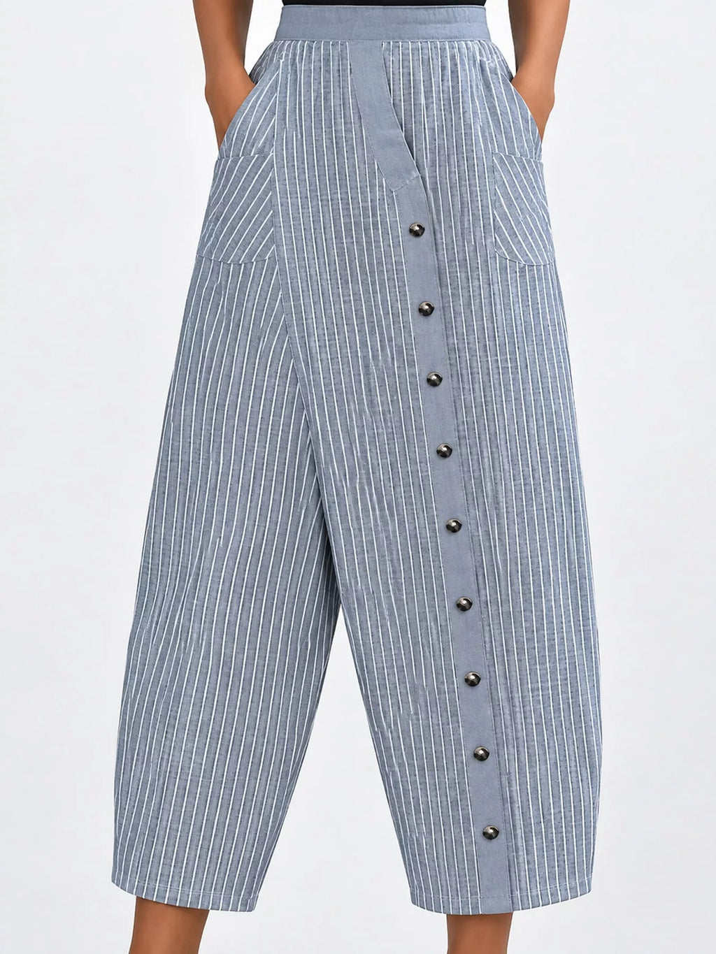 Striped Casual Pants with Side Button Detail