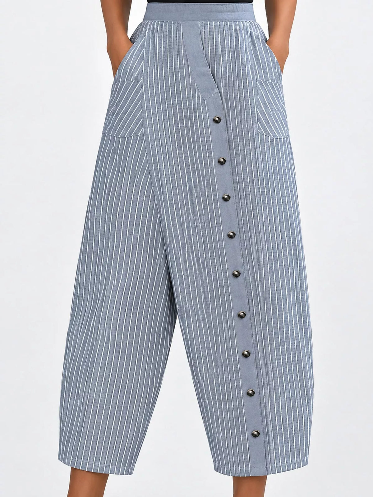 Striped Casual Pants with Side Button Detail