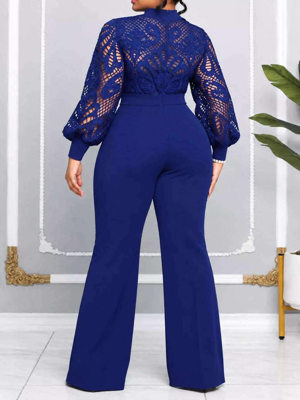 Full Size Lace Lantern Sleeve Flare Jumpsuit Plus Size