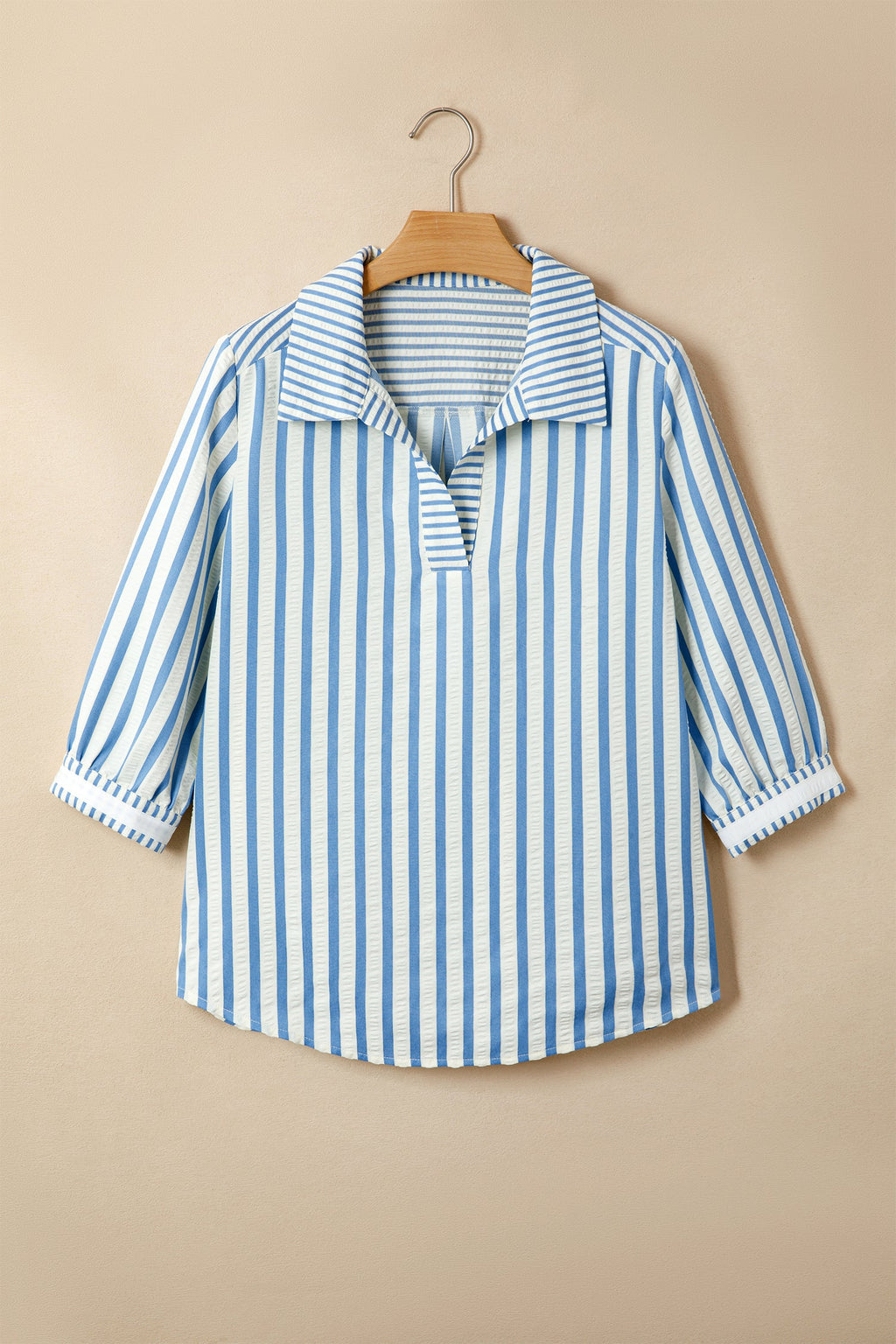 Sky Blue Stripe 3/4 Sleeve Collared Neck Blouse