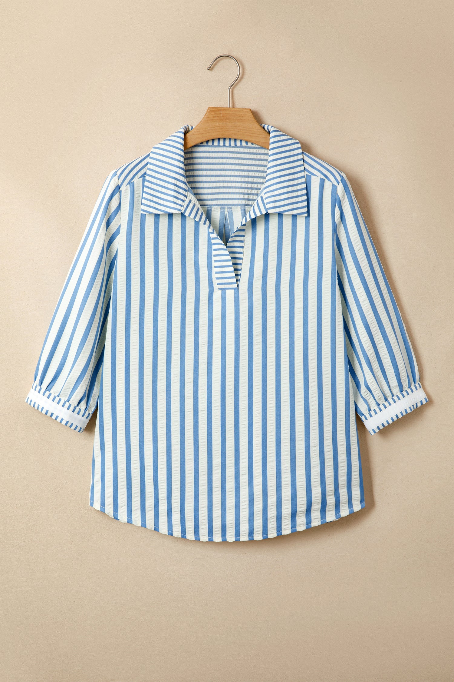 Sky Blue Stripe 3/4 Sleeve Collared Neck Blouse