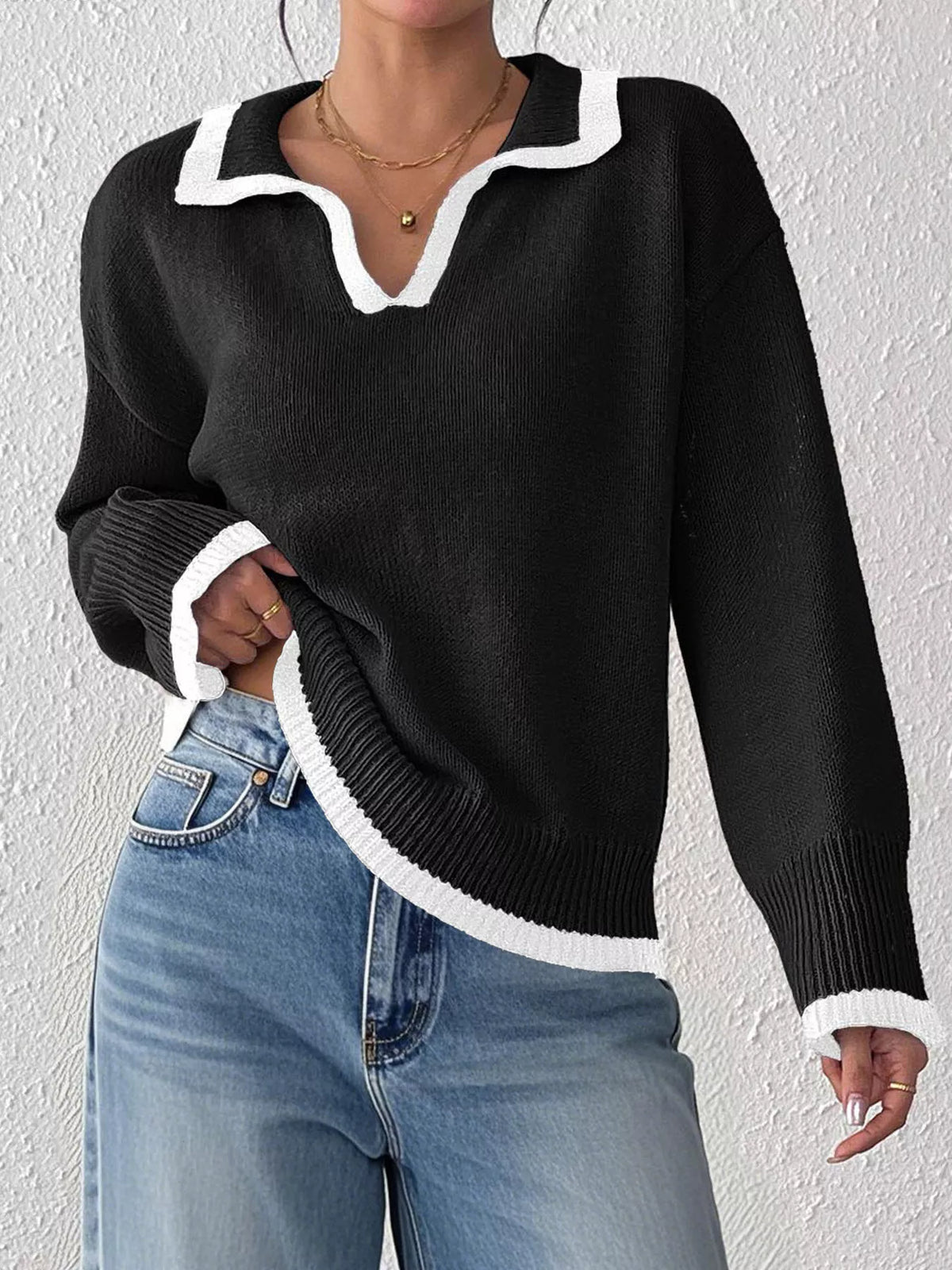 Contrast Trim Polo Collar Sweater