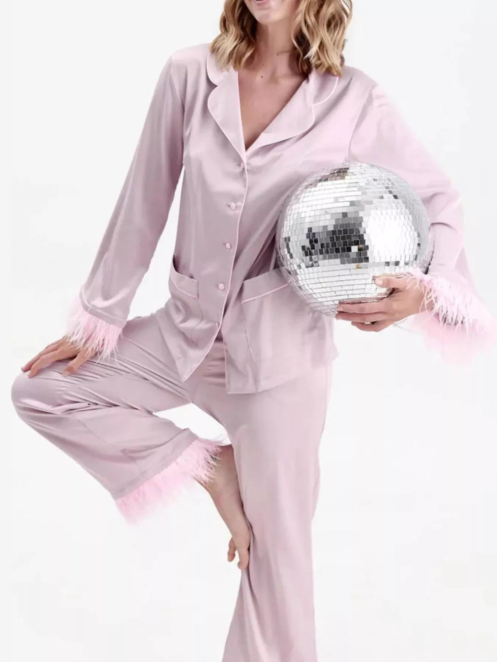 Silky Button Up Top and Pants Pajama Set with Feather Trim