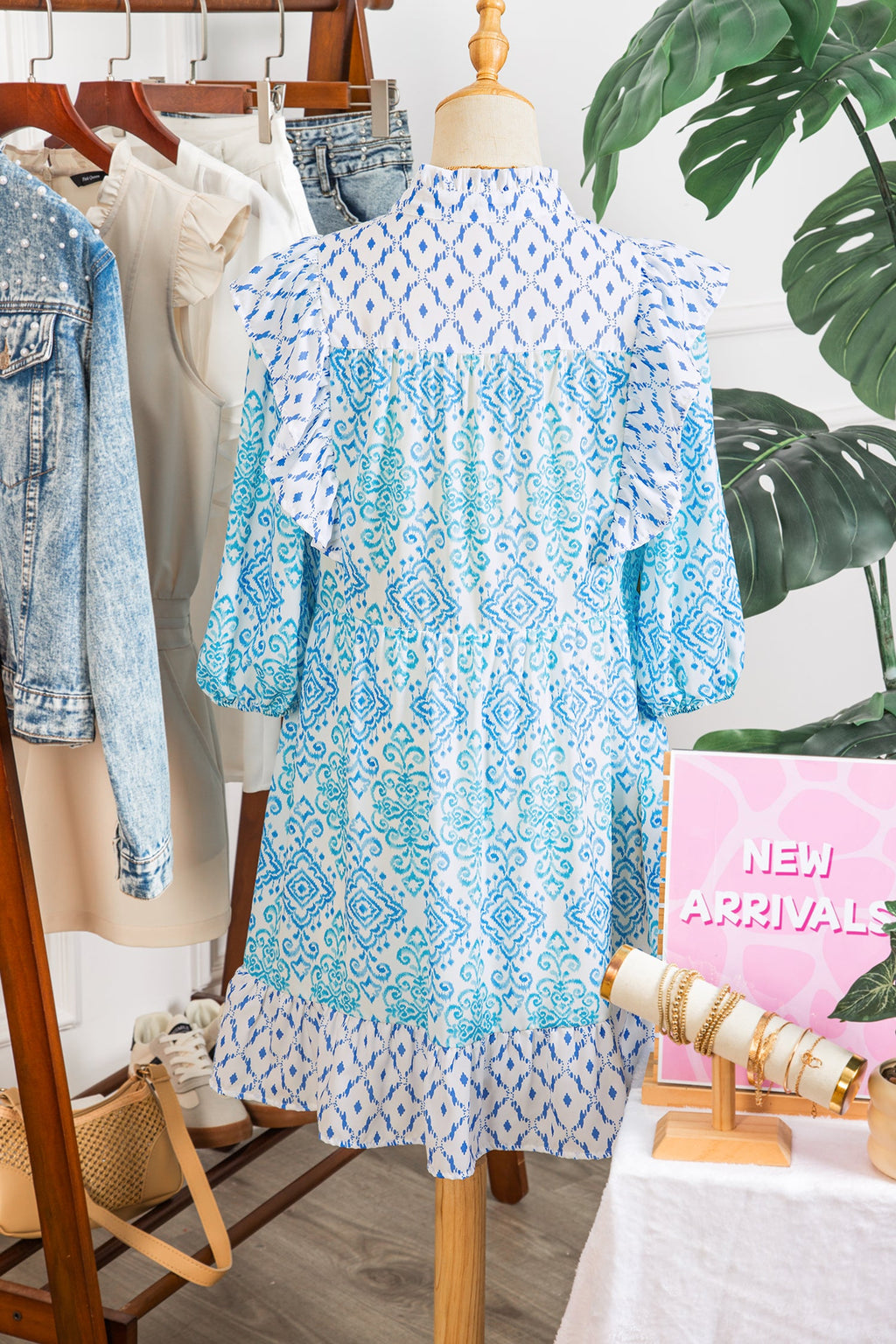 Sky Blue Boho Floral Geometric Patchwork Ruffle Detail Puff Sleeve Mini Dress