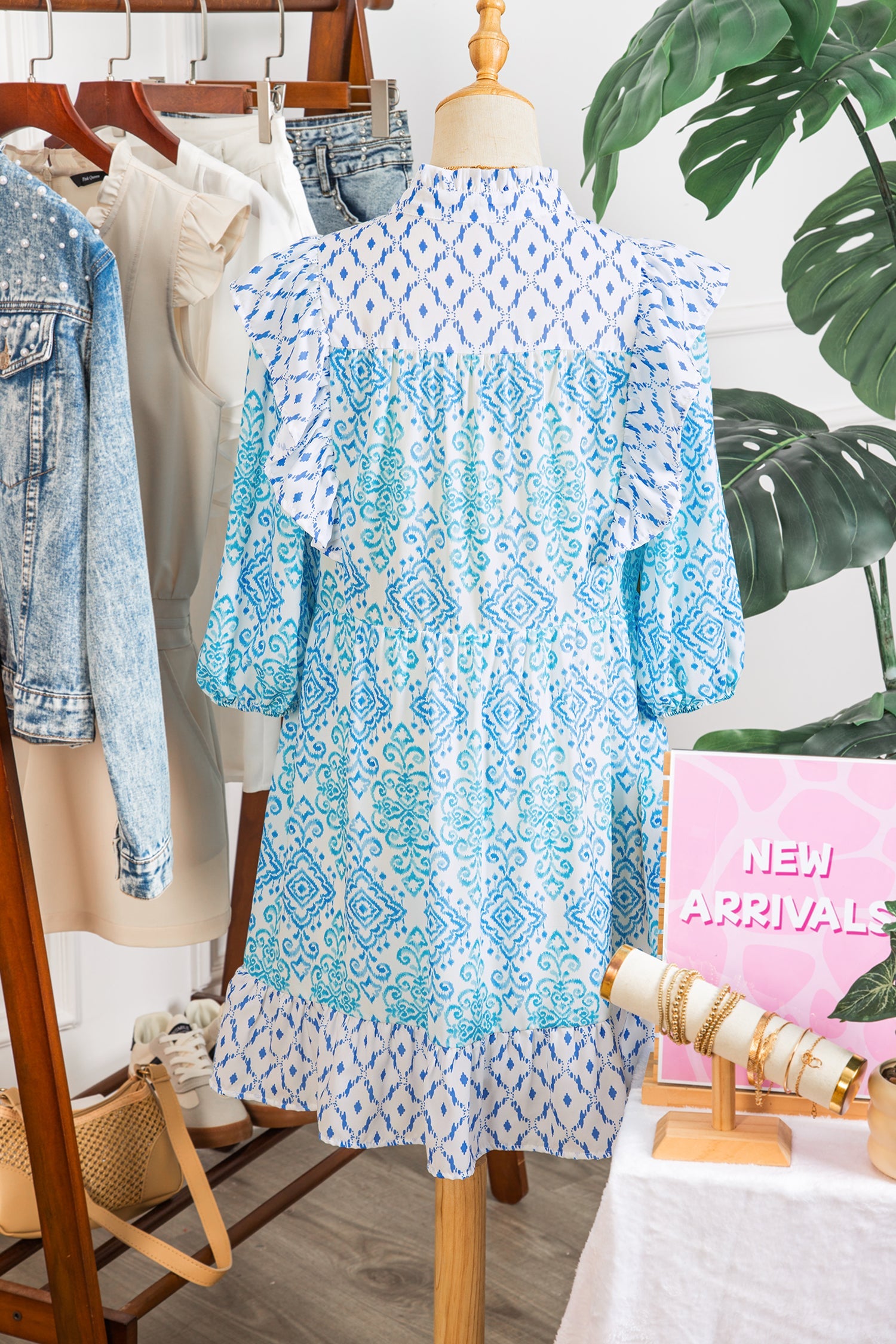 Sky Blue Boho Floral Geometric Patchwork Ruffle Detail Puff Sleeve Mini Dress