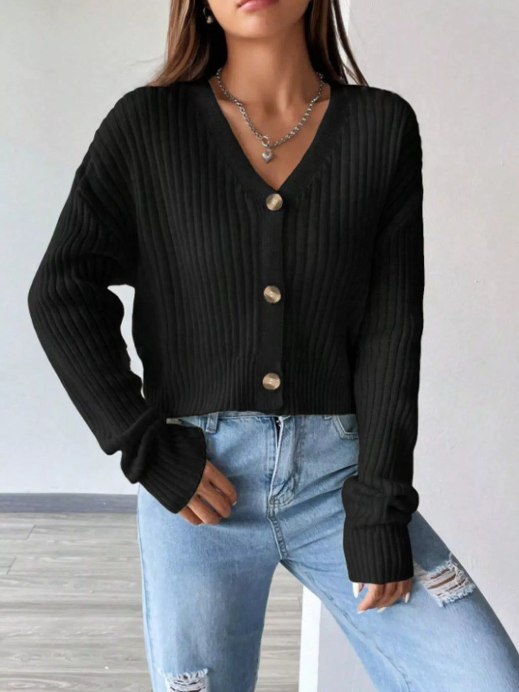 Ribbed Knit Button-Up Cropped Cardigan