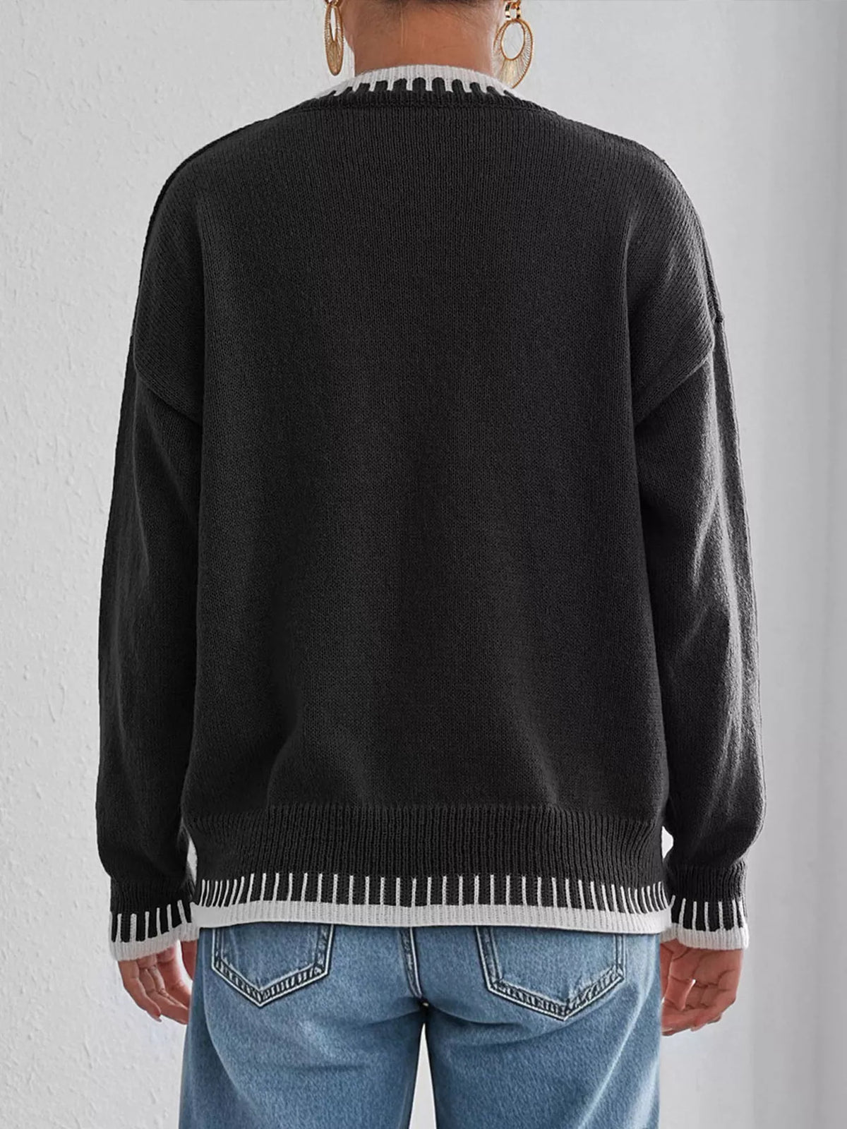 Contrast Trim Crew Neck Drop Shoulder Sweater