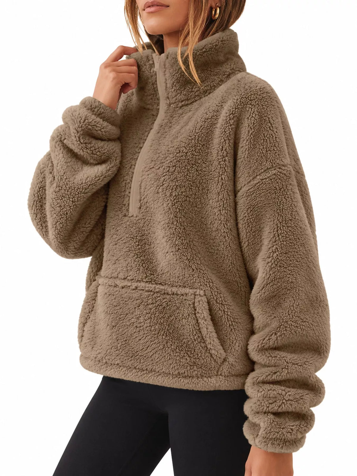 Full Size Sherpa Quarter-Zip Turtleneck Sweatshirt Plus Size