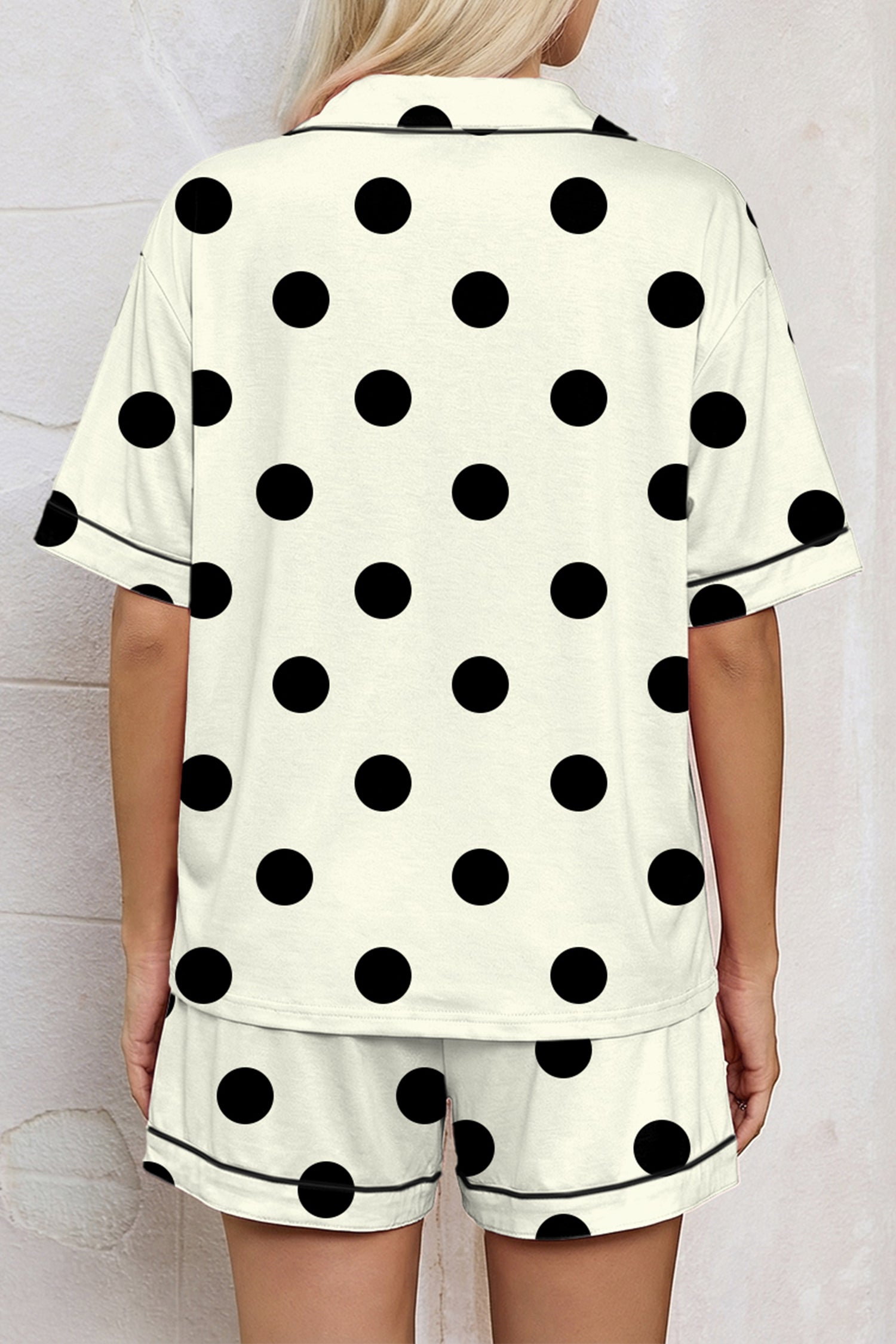 Beige Polka Dot Print Lapel Shirt Drawstring 2pcs Short Pajama Set