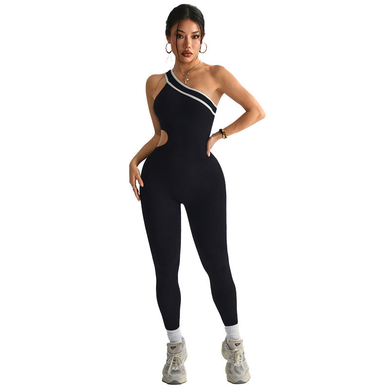 Color-blocked Off-shoulder Midriff-baring Yoga Pants